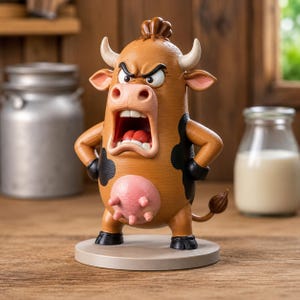 May include: A brown and black cow figurine standing on a circular base. The cow has a tan muzzle, white horns, and a pink udder. It features an angry facial expression with a wide-open mouth, visible teeth, and furrowed brows, with hands on hips.