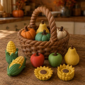 Nature Treasure Basket STL + 3MF | 11 Autumn Finds: Pumpkins, Apples, Corn & Sunflowers | Digital 3D Print Files STL Bundle