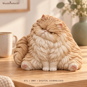 May include: A figurine of a fluffy, long-haired, light orange and cream-colored cat with a grumpy facial expression, sitting in a hunched posture. The text Wunderwelten3D and STL + 3MF DIGITAL DOWNLOAD are visible in the image.