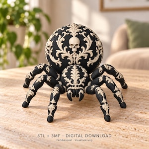 May include: A black spider figurine featuring a large spherical abdomen decorated with cream-coloured ornate scrollwork and a central skull motif. The eight legs also display matching cream-coloured patterns. Text reads: STL + 3MF DIGITAL DOWNLOAD.