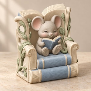 May include: A decorative figurine of a small, light brown mouse with pink-tinted ears and cheeks, sitting on a stack of two blue books. The mouse is holding a small open blue book. The base is shaped like an open book with green vine accents.