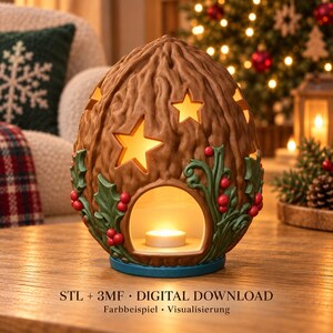 Linterna LED de nogal STL + 3MF | Cáscara de nuez ranurada con aberturas en forma de estrella y relieve vegetal | Archivo de impresión 3D digital