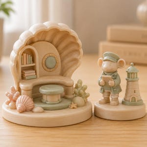 Ratón farero con banco de conchas STL y 3MF | Archivo de impresión 3D marítimo | Figura de ratón con faro y decoración costera