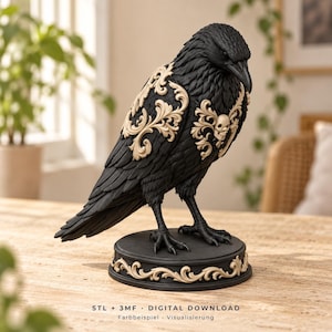May include: A black raven figurine standing on a circular base, featuring intricate cream-coloured scrollwork patterns on its wings and chest, with a small skull detail on the chest. The text reads: STL + 3MF DIGITAL DOWNLOAD.