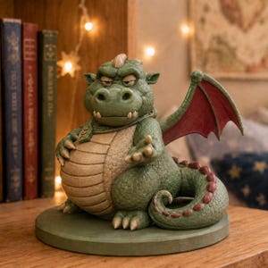 May include: A green dragon figurine with a round tan belly, red-lined wings, and a textured scaly surface. The dragon has a grumpy facial expression, a small tag around its neck, and sits on a circular base with its tail curled to the side.