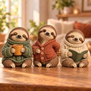 May include: Three sloth figurines sitting side by side. The left sloth wears a green cable-knit jumper and holds a yellow mug. The centre sloth wears a rust-coloured button-up cardigan. The right sloth wears a cream cable-knit jumper and reads a book.