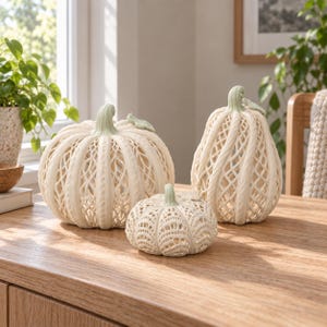 May include: Three off-white decorative pumpkins with a lattice-style openwork design and pale green stems. The set includes one large round pumpkin, one tall pear-shaped pumpkin, and one small round pumpkin, all featuring intricate woven patterns.
