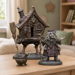 May include: A brown resin figurine set featuring a house on chicken legs with a chimney, a broomstick, a small mortar and pestle, and a standing figure with long hair, a shawl, and a staff, all displayed on individual circular bases.