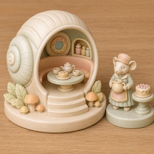 Pode incluir: Uma estatueta em miniatura de uma casa em forma de concha de caracol com um interior em tons pastel, incluindo mesa, cadeiras e serviço de chá. Ao lado, uma figura de rato com chapéu e avental segura um jarro junto a um bolo num pedestal.