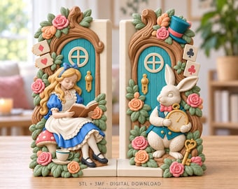 May include: A pair of decorative bookends featuring a sculpted scene with a girl in a blue dress reading a book and a white rabbit holding a gold pocket watch. Both pieces include a teal door, pink roses, green leaves, and playing card motifs.