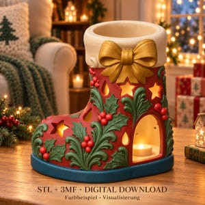 May include: A red ceramic boot-shaped candle holder featuring a gold bow at the top, green holly leaves, red berries, and star-shaped cutouts. The base is dark blue. Text at the bottom reads: STL + 3MF DIGITAL DOWNLOAD FARBBEISPIEL VISUALISIERUNG.