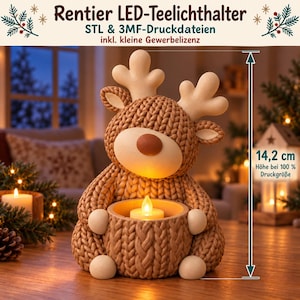 Reindeer LED Tealight Holder, Knit Texture – STL & 3MF Files incl. Small Commercial Licence