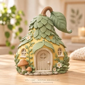 Peut inclure: Une figurine de maison en forme de poire avec une base jaune, un toit recouvert de feuilles vertes superposées et une grande tige feuillue sur le dessus. La structure présente une porte arquée centrale, deux petites fenêtres, deux champignons bruns et des fleurs blanches.