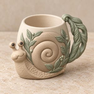 May include: A ceramic mug shaped like a snail with a textured beige body and a spiral shell. The mug features raised green leaf and berry accents on the sides and a handle sculpted to resemble a large, curved green leaf with intricate veins.