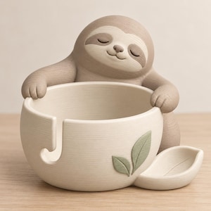 Op de afbeelding: Een beige en crèmekleurige garenkom met een gebeeldhouwde luiaardfiguur met gesloten ogen die zijn armen op de rand laat rusten. De kom heeft een J-vormige uitsparing voor garen en is versierd met twee kleine, lichtgroene blaadjes aan de voorzijde.