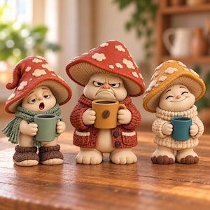 May include: Three mushroom-themed figurines standing on a wooden surface. The left figure wears a red cap, green scarf, and brown boots, holding a green mug. The centre figure wears a red cap and red cardigan, holding a yellow mug. The right figure wears a yellow cap and beige sweater, holding a blue mug.