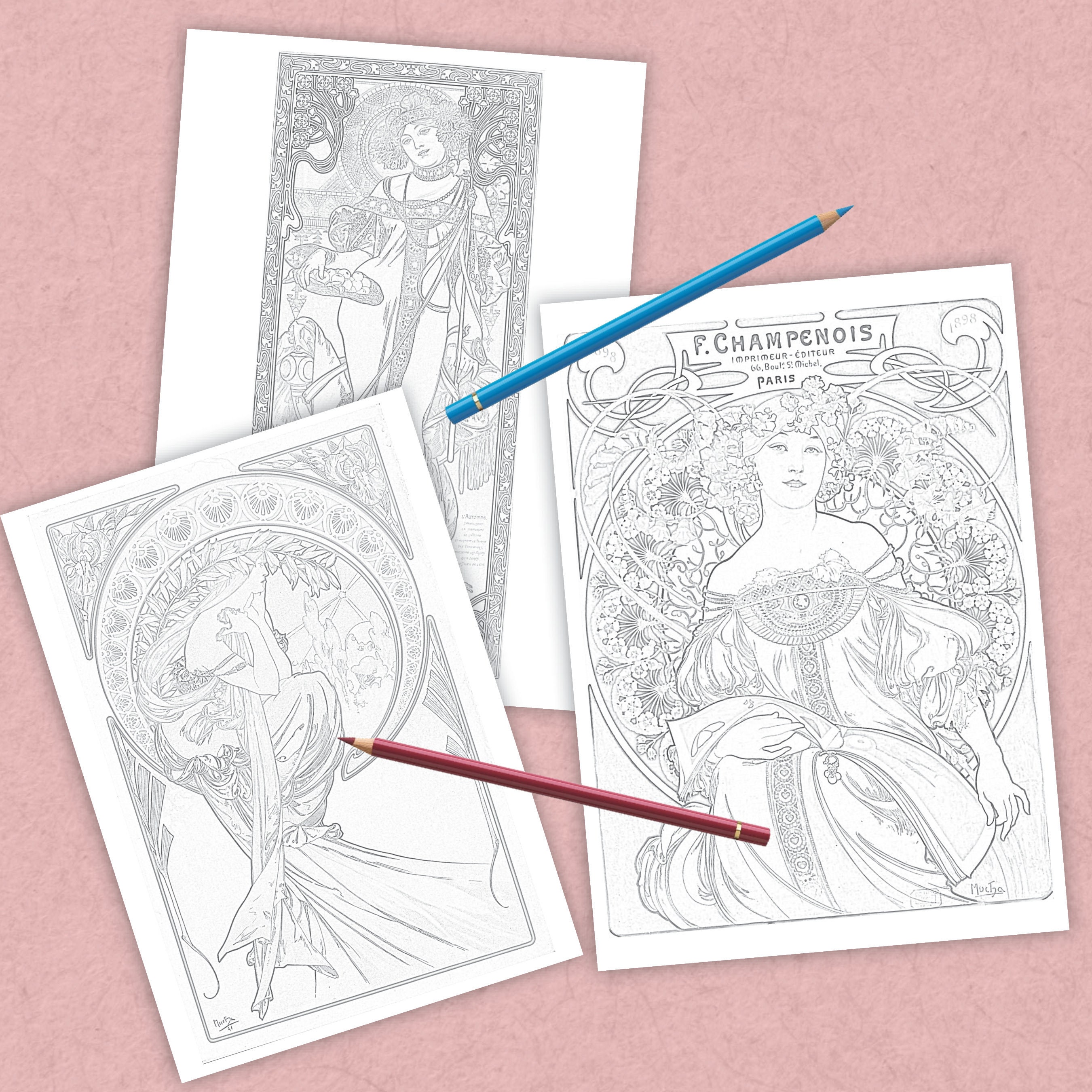 Art Nouveau Coloring Pages 25 Pictures to Download and Print - Etsy