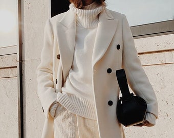 Off-white women overcoat , ivory long winter coat , white wool knee length coat, trench coat , women vintage overcoat , windbreaker