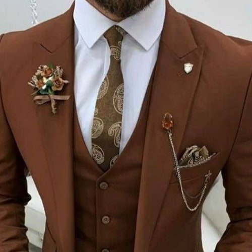 Men Suits Brown 3 Piece Slim Fit Two Button Wedding Groom - Etsy