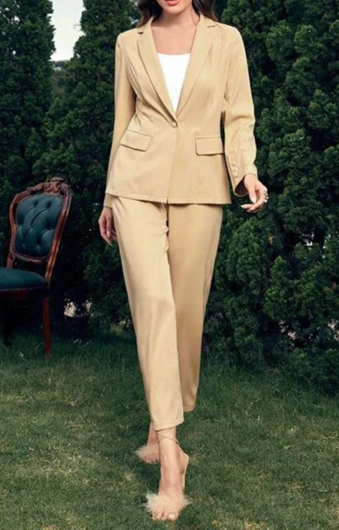 Beige Pant Suit Women Lycra Blazer and Trouser Khaki Etsy