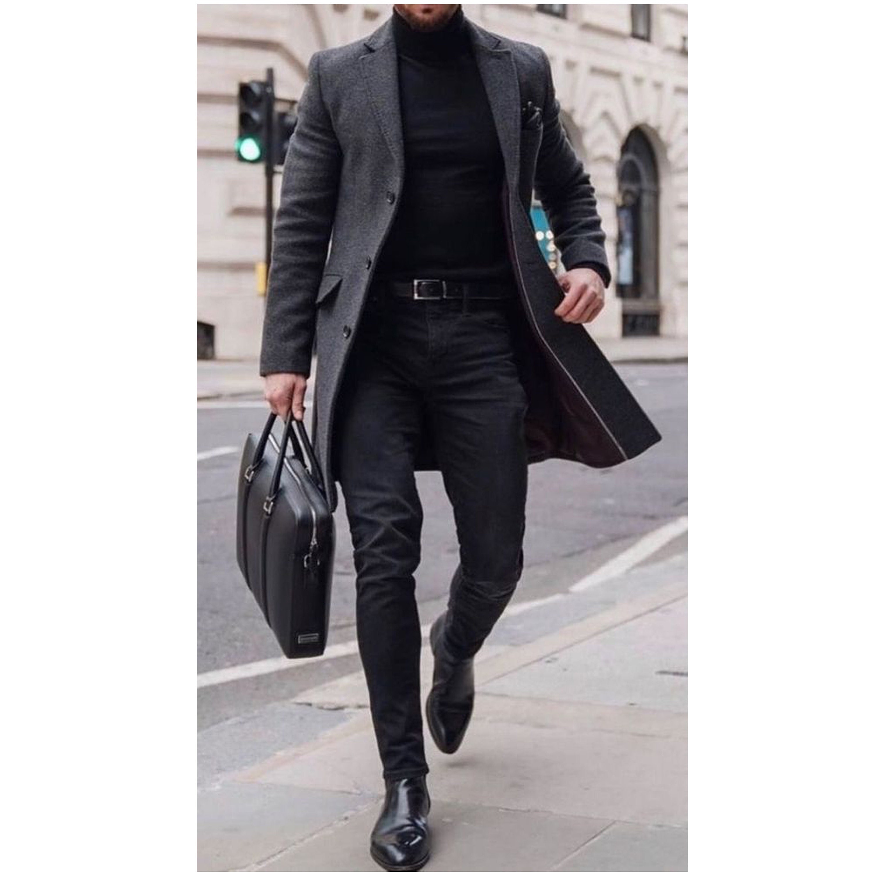 Men Charcoal Grey Overcoat Long Overcoat Trench Coat Pea Etsy