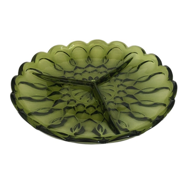 Vintage Anchor Hocking Glass Fairfield Pattern Avocado Green Divided Relish Plate Dish Tray Server, 70s Glass, Green Glass, Candy Dish