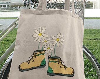 Daisy Hiking Boots Granola Girl Aesthetic Natural Tote Bag, Hiking Boots with Flowers Tote Bag, Outdoor Lover Everyday Bag