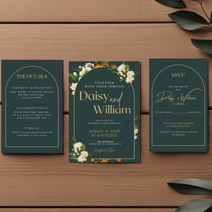 Elegante bloemengroene trouwkaart | Digitaal reageren | 4-delige bruiloftsset | Video-uitnodigingen | Digitale download