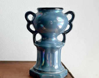 Vintage Blue Lustreware Czech Trophy Vase with Black Handles