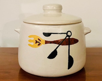 Vintage Westbend Stoneware Stockpot Bean Pot in Midcentury Atomic Fork and Spoon Design | Mid Century Ceramic Lidded Bean Pot by West Bend
