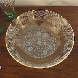 Vintage Chance Glass Serving Bowl in Swirled Floral Pattern and Gold Rim