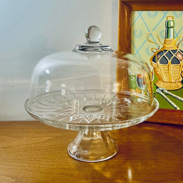 Vintage Canfield Clear Cake Stand with Dome Lid by Anchor Hocking, Glass Cake Stand with Snowflake Starburst Pattern and Dome Lid