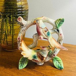 Vintage Colorful Songbird Circled Branch Japanese Ceramic Statuette