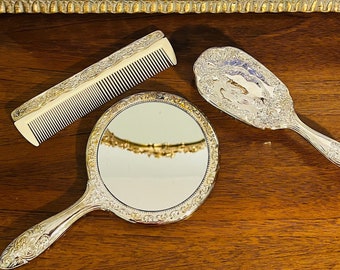 Vintage 3 Piece Ornate Silver Vanity Set with Brush Comb Mirror