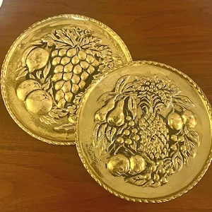 Vintage Brass Pressed Fruit Pattern Small Round Wall Plates Plaques Made in England