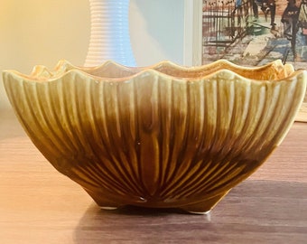 Vintage McCoy Ombre Glazed Wavy Top Ceramic Planter in Earth Tones Half Moon Shape