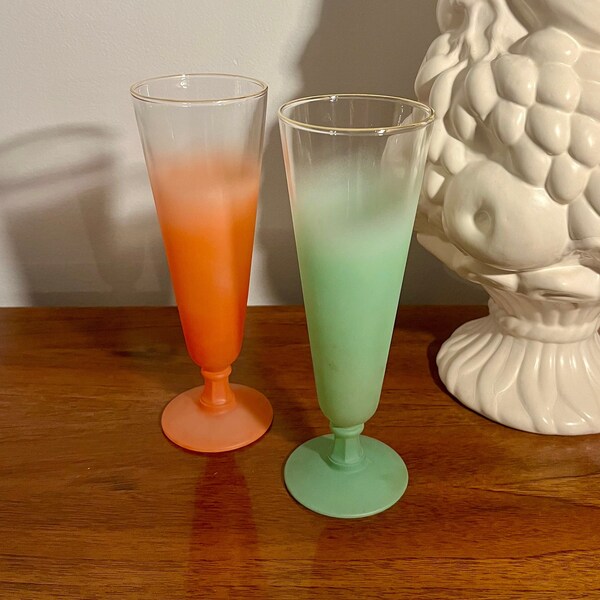 Vintage Blendo West Virginia Glass Tall Pilsners in Mint Green and Orange