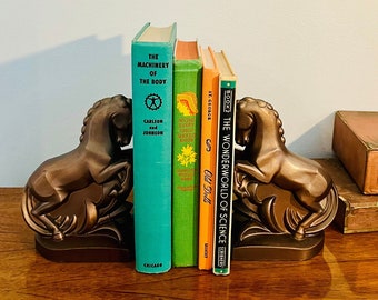 Art Deco Cast Metal Horse Bookends, Pair of Bronze Painted Heavy Metal Equestrian Bookends