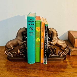 Art Deco Cast Metal Horse Bookends, Pair of Bronze Painted Heavy Metal Equestrian Bookends image 1