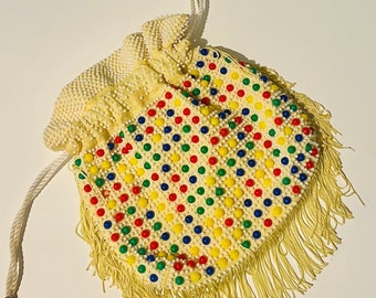 Vintage Retro Yellow Fringe Rainbow Beaded Drawstring Handbag