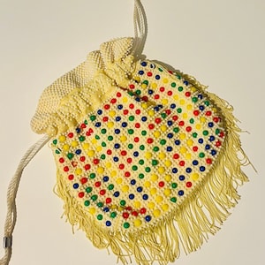 Vintage Retro Yellow Fringe Rainbow Beaded Drawstring Handbag