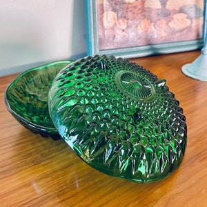 Vintage Emerald Green Hobnail Footed Glass Dish by Anchor Hocking