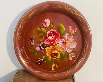 Vintage Toleware Red Floral Round Hanging Metal Pocket Planter or Mail Holder