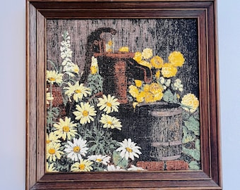 Vintage Framed Linen Screened Art of Fall Wildflowers by KayDee
