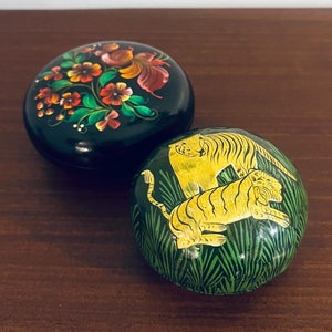 Vintage Hand Painted Folk Art Wood Trinket Box: Floral or Tiger Design