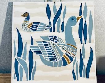 Vintage Italian Ceramic Bird Tile Art with Hanging Mount