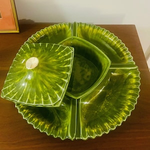 Vintage McCoy Avocado Green Pieced Serving Set: MCM Drip Glaze Chip and Dip