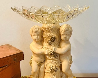 Hollywood Regency Cherub Children Garden Statue with Removeable Flower Shaped Shallow Glass Bowl
