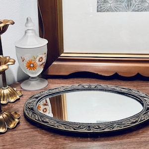 Vintage Vanity Perfume Mirror in Ornate Pewter Design