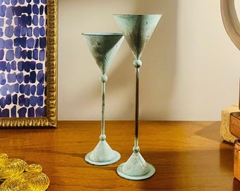 Postmodern Memphis Double Cone Metal Candle Holders Vintage Weathered Teal Metal Candlesticks 1980s Tabletop Candle Holder Pair
